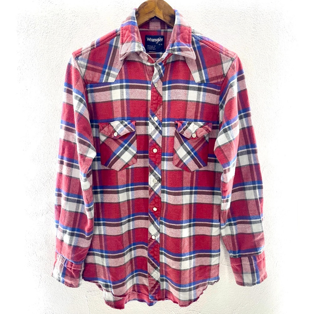 Vintage Wrangler Pearl Snap Red Blue Flannel Shirt Medium